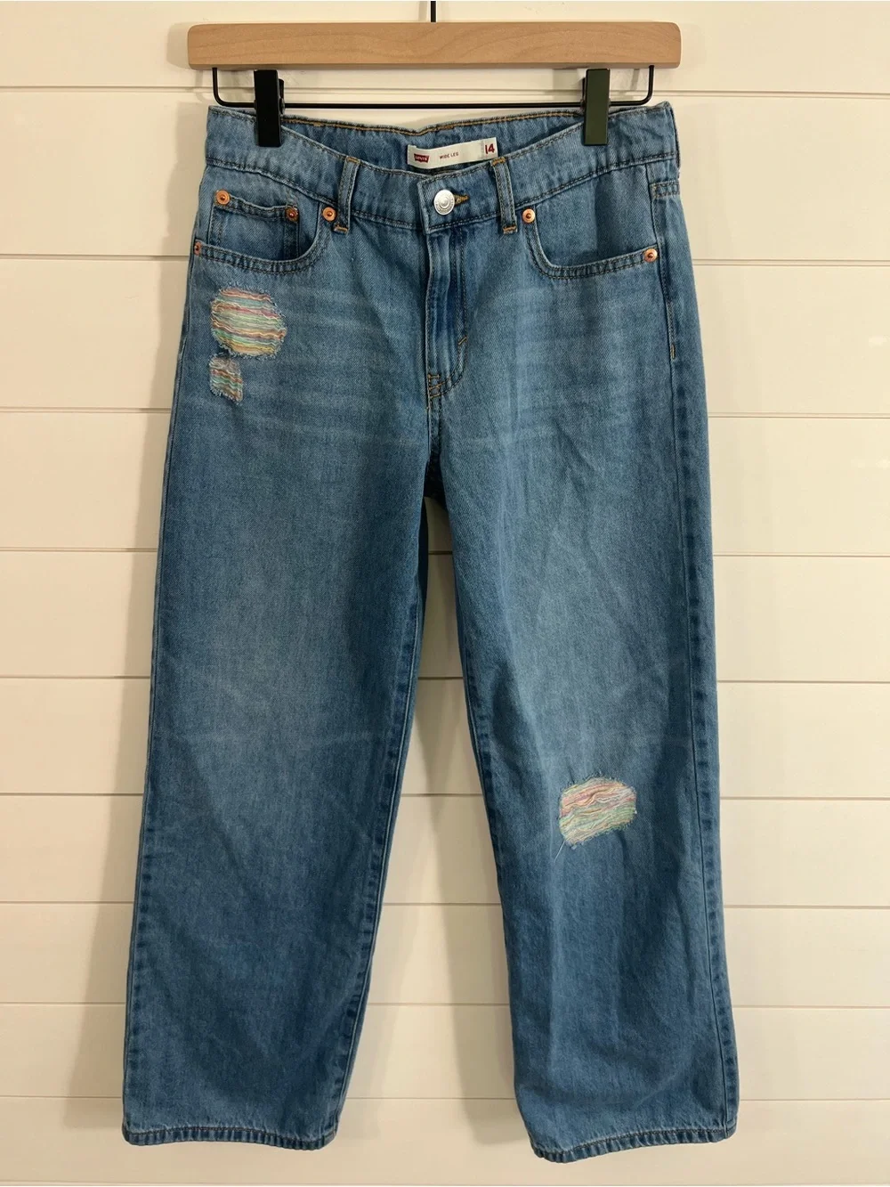 Girls Levi’s Wide Leg Distressed Jeans Size 14 Adjustable Waist Stretch Denim